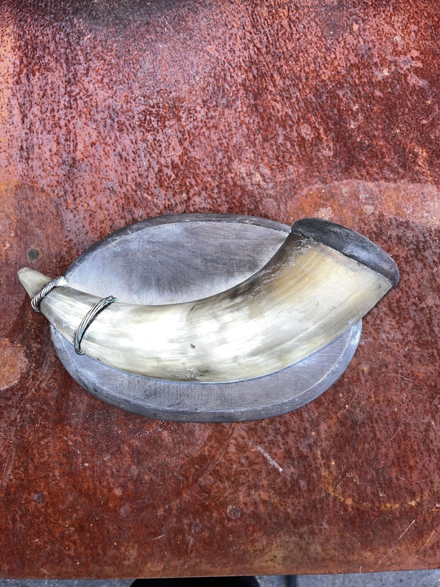 Vintage Handmade Mounted Powder Horn Carved Wooden Plug