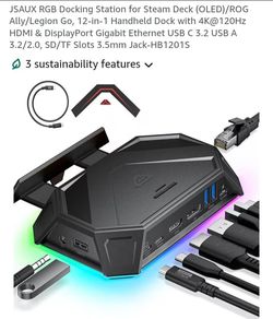 JSAUX RGB Docking Station for Steam Deck (OLED)/ROG Ally/Legion Go, 12-in-1 Handheld Dock with 4K@120Hz HDMI & DisplayPort Gigabit Ethernet USB C 3.2 