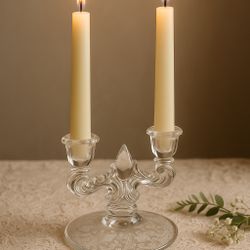 New Martinsville USA 1930s Florentine Etched Double Candle Holder, 7 x 5 in