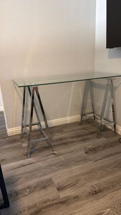 Modern Glass Top Desk / Console Table – Chrome Metal Base