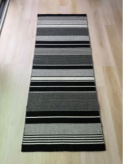 Black + White Striped 100% Wool Rug 32” x 78”