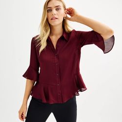 New Women's Nine West Ruffle Hem Shirt Color Plum Size XL