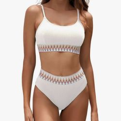 White swimsuit bikini set high waisted bathing suit medium.   (AF)