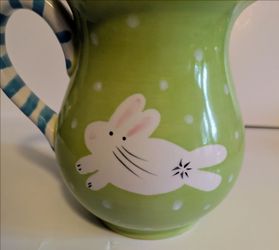 Demdaco Bunny Green Ceramic Pitcher Jug with White Bunny Rabbit Design