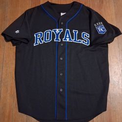 Men's Size Large Kansas City Royals Baseball Jersey Black Blue Full Button