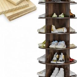 Wooden Rotating Shoe Rack Tower, 7-Tier Spinning Shoe Organizer, Free Standing 360° Revolving Lazy Susan Shoe Rack for Entryway, Fits 28 Pairs of Shoe