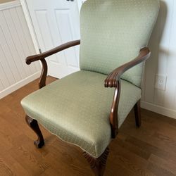 Elegant Upholstered green sage mint Accent Chair with Carved Wood mahogany Legs