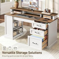 55'' Farmhouse Executive Desk with Drawers, Computer Desk with File Cabinet and Side Bookshelf, Writing Gaming Desk with Monitor Stand & Ch