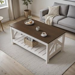 New Farmhouse Coffee Table with Storage 39.4"W x 21.7"D x 17.1"H, Open Lower Shelf, Easy Assembly, Center Table for Small Spaces, for Living Room  New