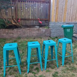 Set Of 4 Blue Metal Stools