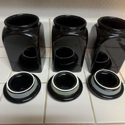 3 Vintage Black Ceramic Canister