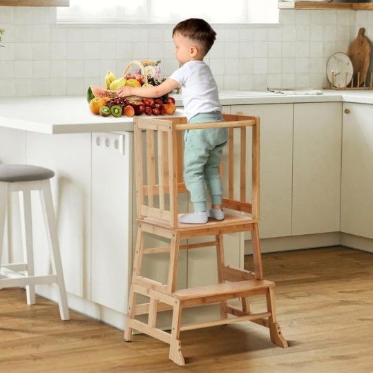 COSYLAND Toddler Standing Tower with Stabilizing Legs - Bamboo Kids Kitchen Step