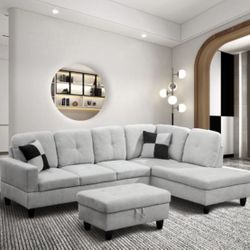 Brand New Grey/White Flannelette Sectional Sofa With Storage Ottoman 