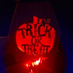 Wooden Coffin Shaped Light Up Halloween Decoration With Trick Or Treat Carved Out On Lid With Rotating Colors Inside-New Cell Batteries 5 X 2.75 X 1.5