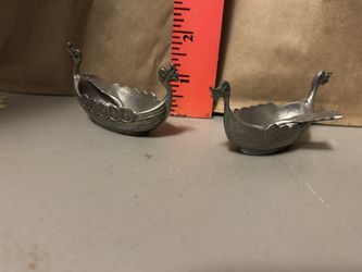 Pewter Viking Ship Salt Cellar With Spoon, Norway Pair Set Of 2
