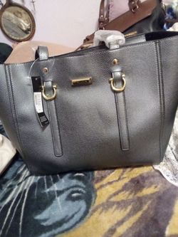 Brand. New TAHARI Oversized Handbag, Gray Pebbled with Gold Tone Hardware