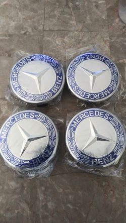 *Firm Price* Set of 4 - New -Blue- 75mm /3 Inch Mercedes Benz Wheel Caps - Mercedes Wheel Caps - Mercedes Benz Center Wheel Caps