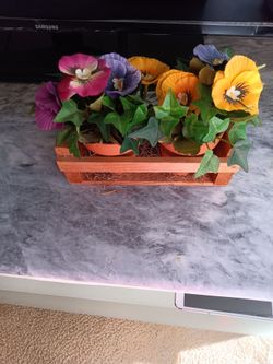 Artificial Pansy Flower Arrangement in Wood Crate