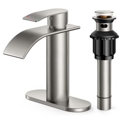 FORIOUS Waterfall Bathroom Faucet 1 Hole, Brushed Nickel Single Handle 