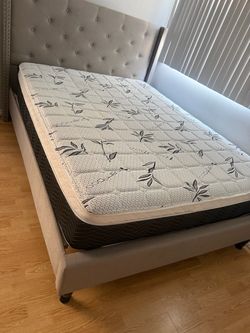 Like new pillow top queen mattress headboard bed frame mocha color