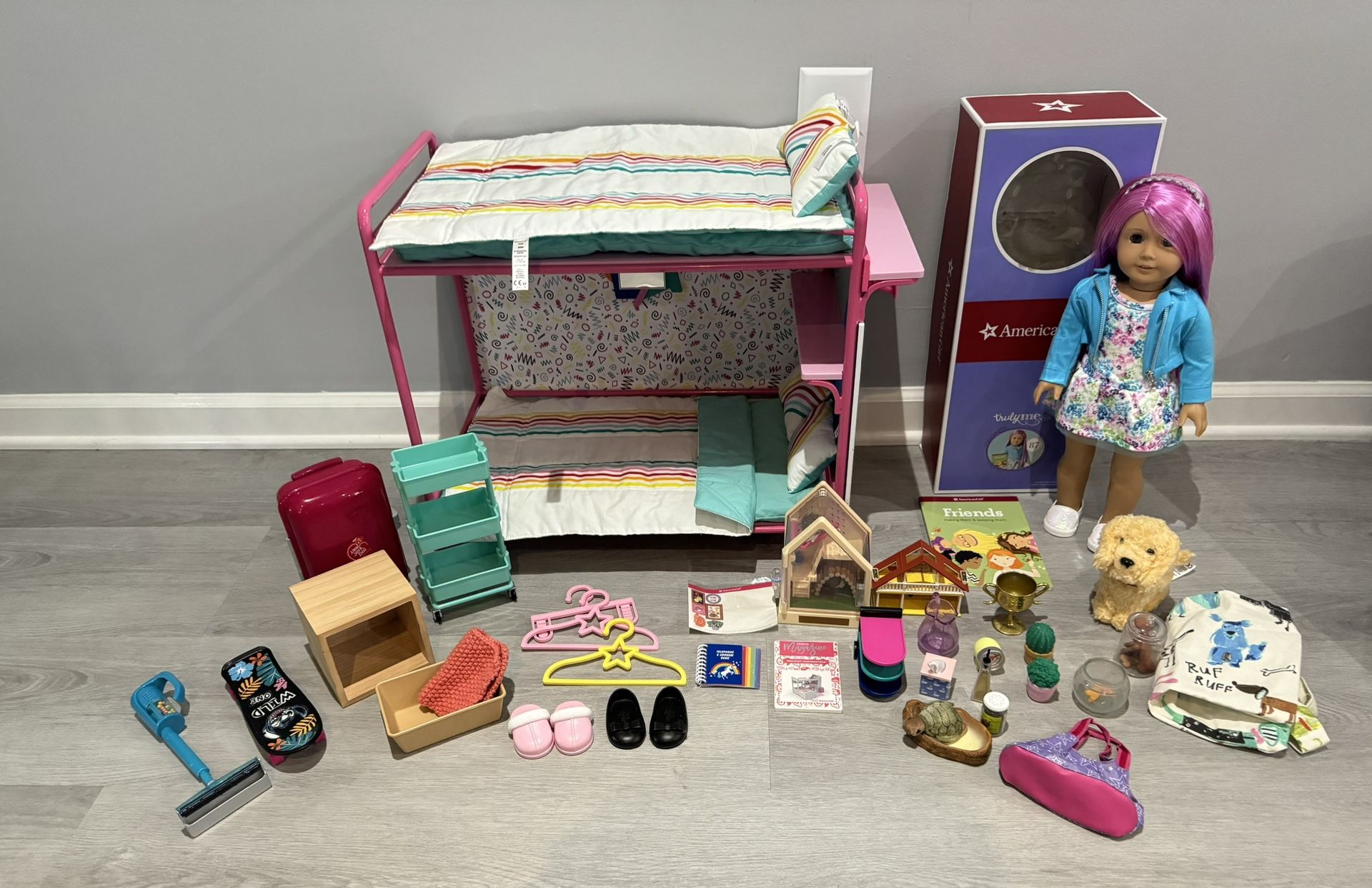American Girl Doll lot- pink hair doll with AG bed, pets, and more!