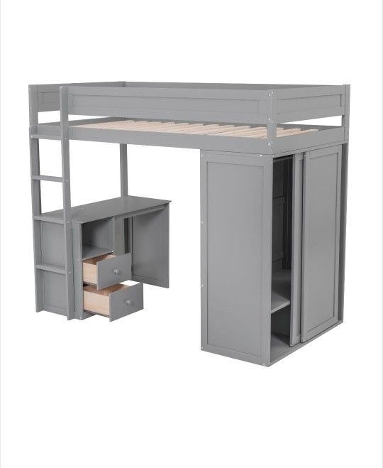 Wood Twin Loft Bed w/ Wardrobes & 2-Drawer Desk w/ Cabinet, Gray
Features
Dimensions: 65” H x 40.8” W x
N709 WM Store
Material: Solid Wood+MDF
Color: 