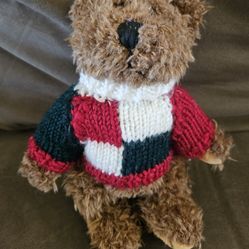 Hugfun Intl Stuffed Bear with Green, Red and White Knit Sweater 8" tall