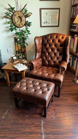 Chesterfield Leather Wingback Chair + Ottoman – FREE DELIVERY