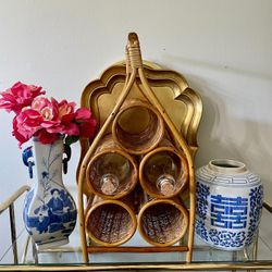 Vintage 1970s 21” H Bamboo and Rattan Bottle Holder/Wine Rack