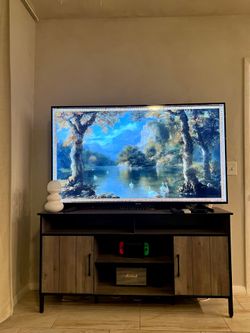 Oak-Grey wood Farmhouse Style 58 in TV Console with Shelves and Storage Cabinets