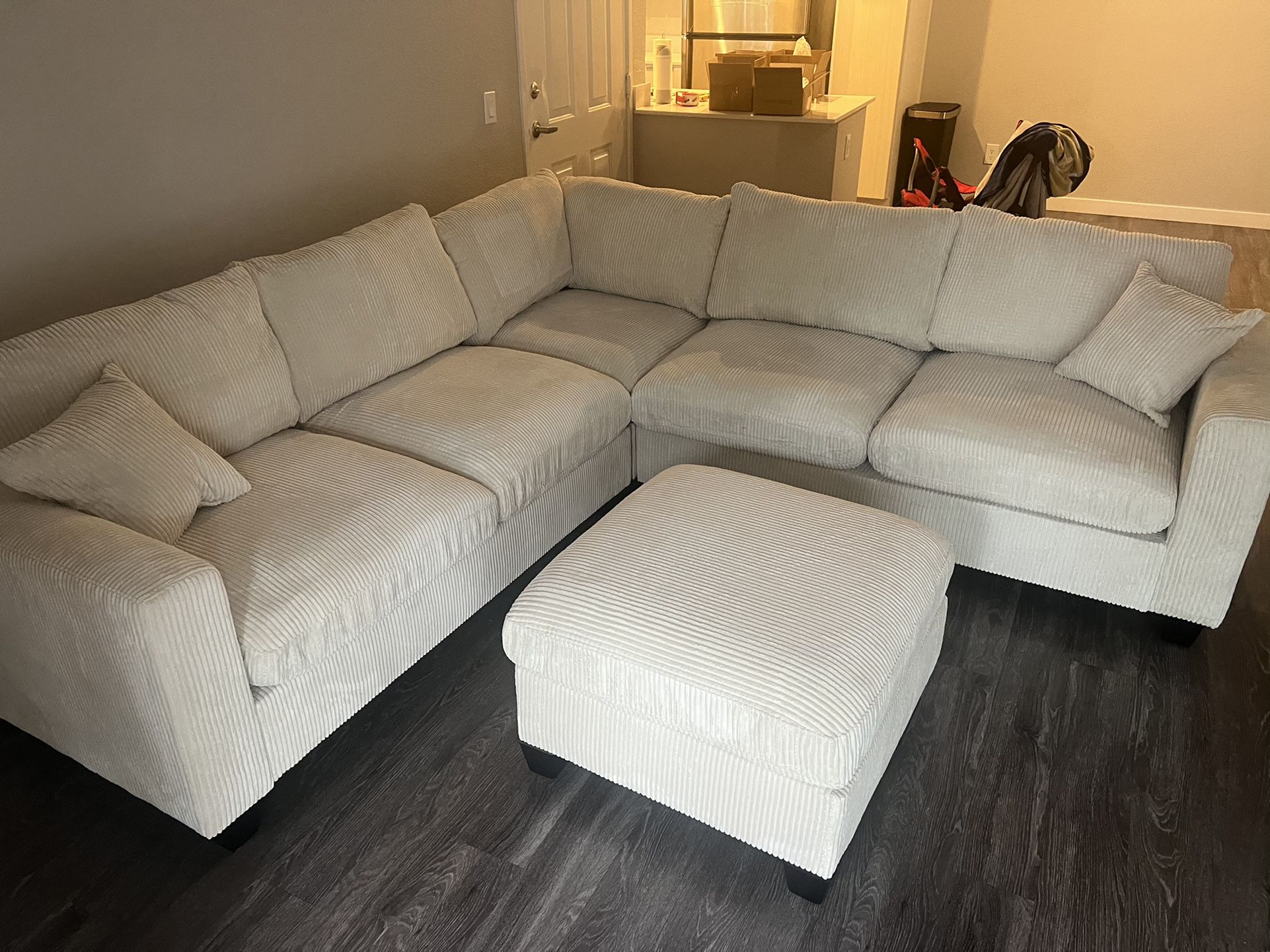 New 6 Piece Modular Sectional.  Off White / Beige Corduroy Fabric.  99” X  99”.  Free Delivery!