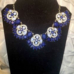 Vintage Blue Glass Marquise Rhinestone Necklace 