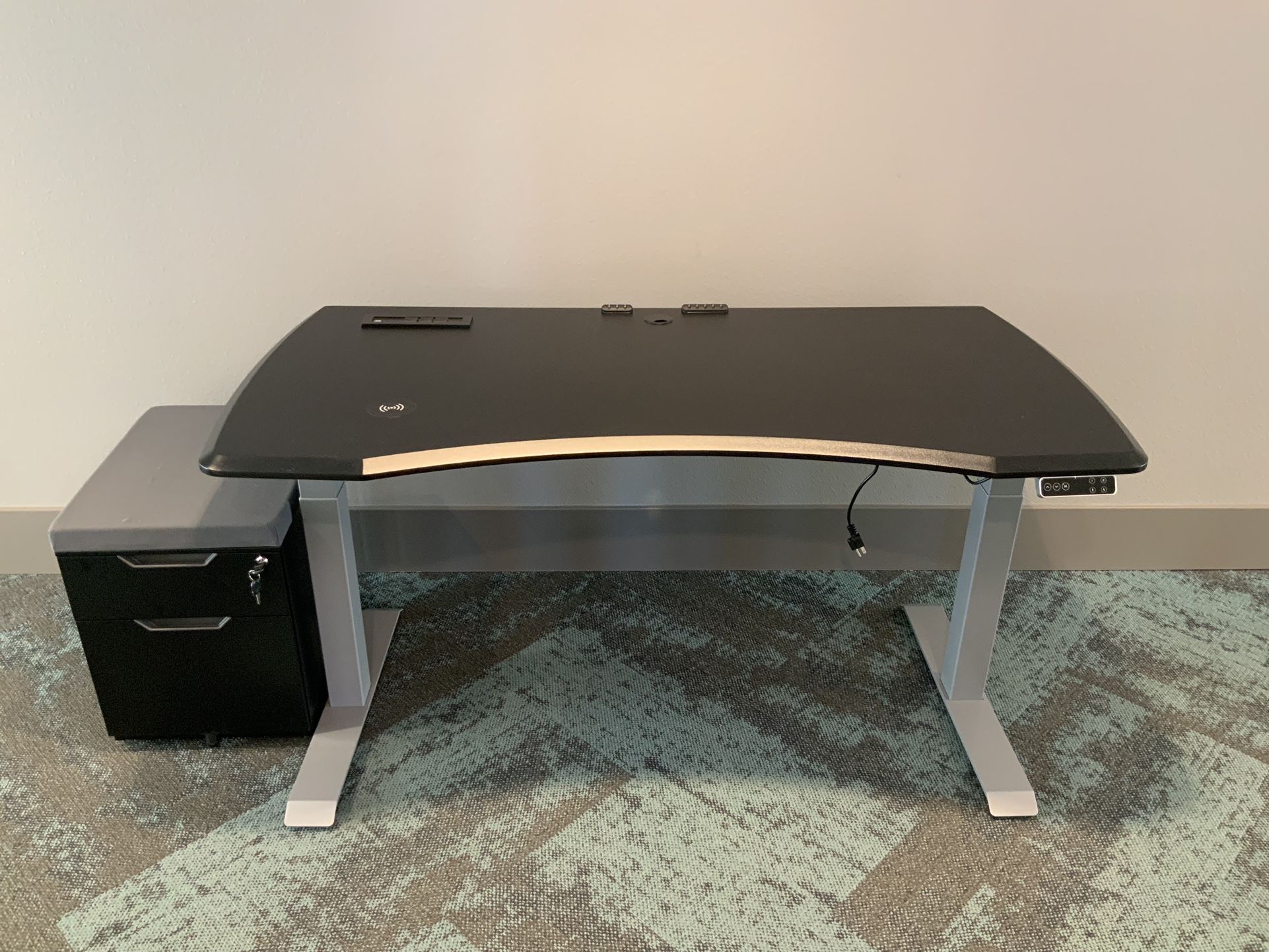WorkPro® Electric 60"W Height-Adjustable Standing Desk with Wireless Charging, Black + 2-Drawer Mobile File Cabinet