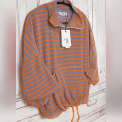 NWT THE UPSIDE Florida Tiena Stripe 1/4 Zip Sweatshirt Large Kangaroo Pocket Athleisure