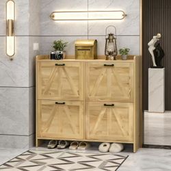 Shoe cabinet with 4 drawers, separate shoe boxes, hidden shoe rack, wooden legs design (light oak)