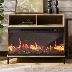 TV Stand w/ Fireplace Space | Rustic Oak Media Console (Insert Not Included)