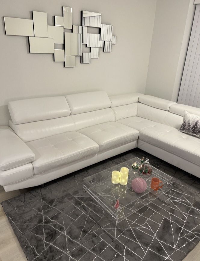 White Leather Sectional Sofa with Storage