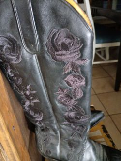 Black Leather Cowboy Boots with Rose Embroidery