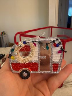 Toy trailer tv travel mobile home glitter ornament set