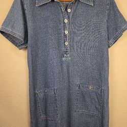 Vintage ERIKA CASUALS Blue Denim White Polka Dot Straight Knee Length Dress M 