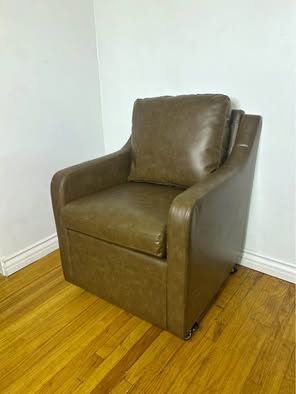 New Dark Brown Dining Chair with Casters, Modern Rolling Accent Chair with Arms PU Coffee