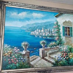 Large Framed Mediterranean Seaside Oil Painting – 55” x 43”
