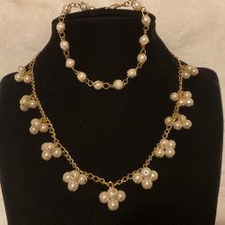 16” Gold And Dangling Pearl Necklace,by Avon And 7” Matching Bracelet 