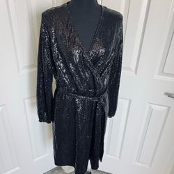 New! Egyptian Black Sequined JM Studio Wrap Midi Cocktail Dress Size US 12-16
