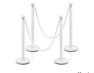 4 Pc Stainless Steel Stanchion Posts with White Velvet Ropes Crowd Control Set