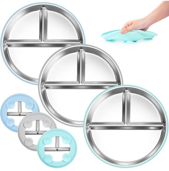 Stainless Steel Baby Plates with Suction 3 Pack 9"