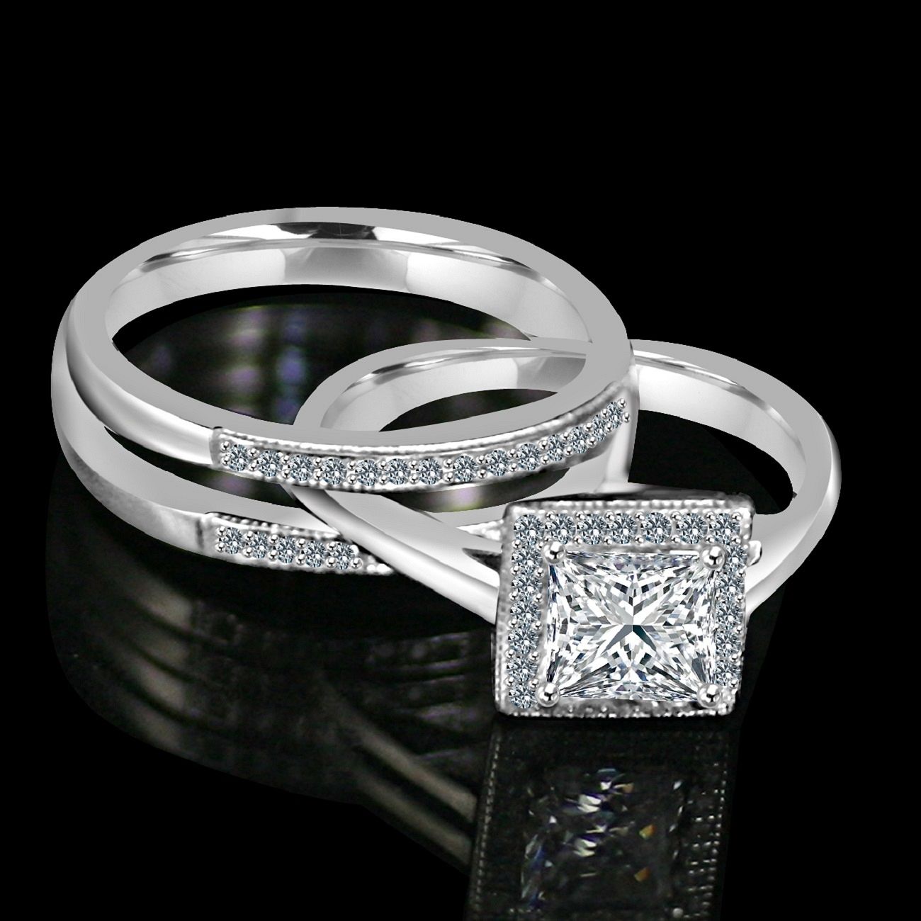 1CT. intensely Radiant Diamond Veneer Princess Cut w/Halo housed in a Double band jacket Simulated Engagement/Wedding Ring. 635R4012