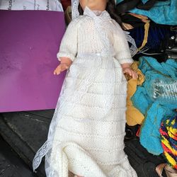 plastic doll with brown hair and handmade crotchet wedding dress lace veil