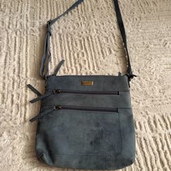 Assots London Blue Leather Crossbody Bag Distressed Vintage Style Multi Zip Pocket