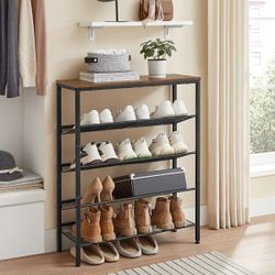New 5-Tier Shoe Rack Organizer with Storage Shelves for Entryway, Spacious Top, Freestanding, Rustic Brown and Ink Black